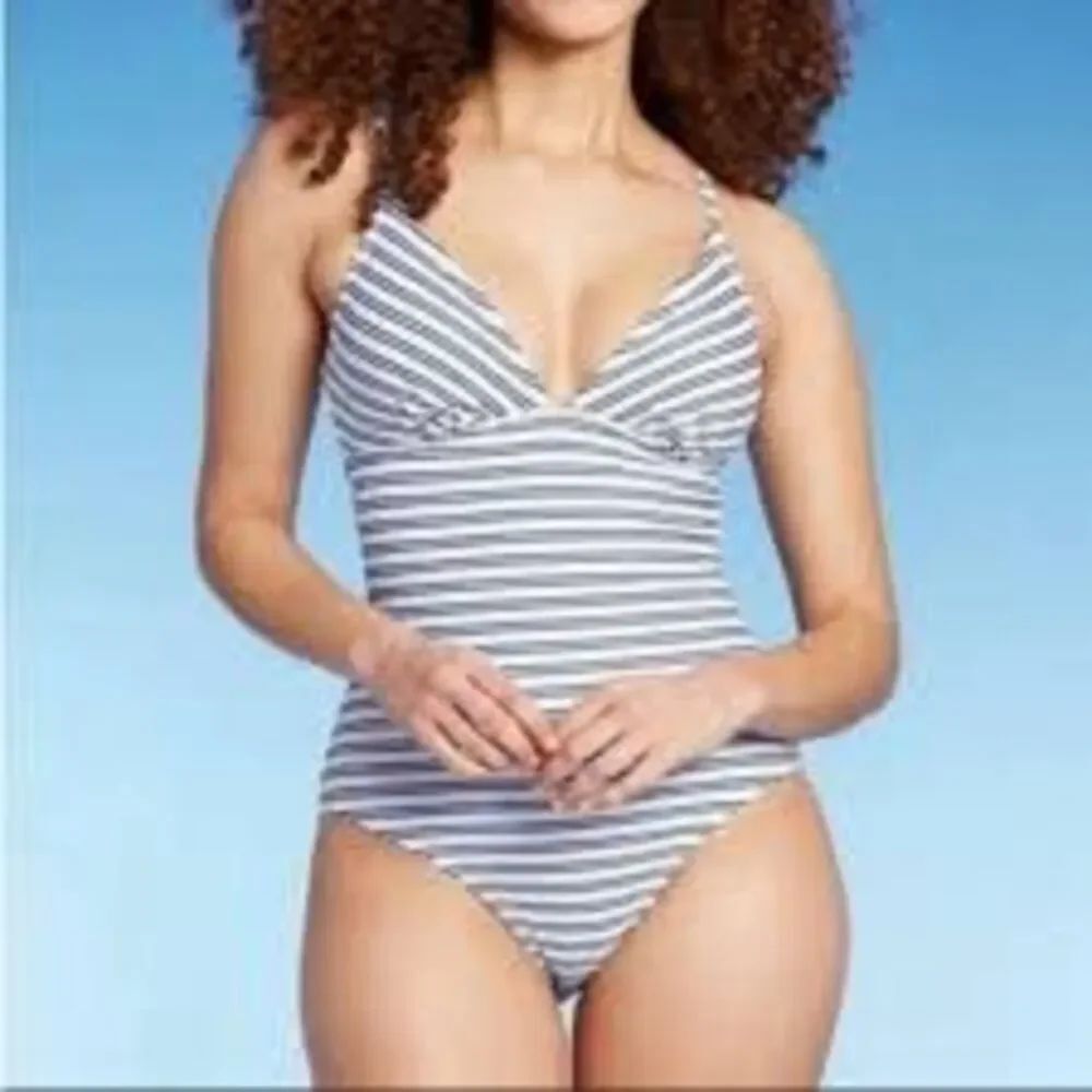 Kona Sol Size XL One Piece Swimsuit White Blue Stripe Sailor Coastal Preppy